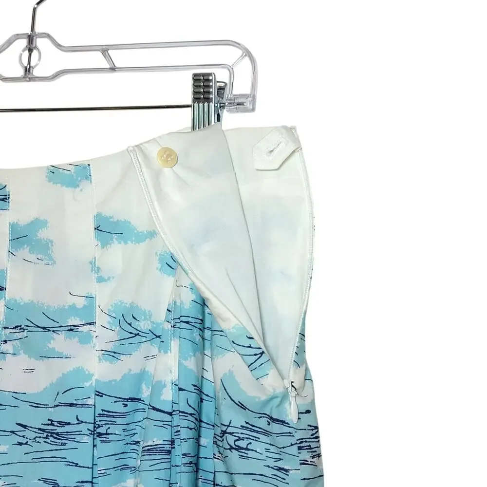 Talbots NWT Pleated Italian Landscape Print Cotton Skirt Blue White 14WP Coastal